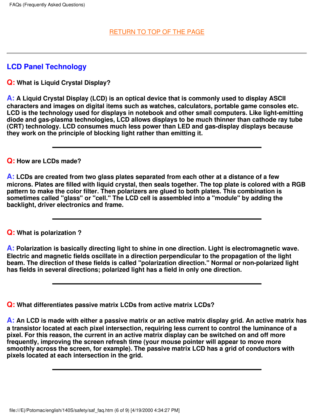 Philips 140S user manual LCD Panel Technology 