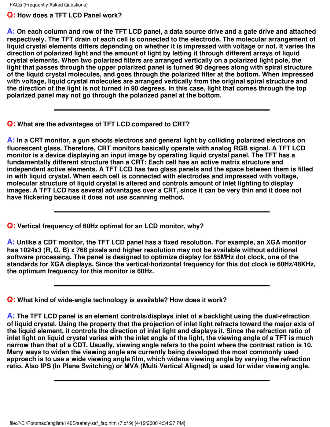 Philips 140S user manual FAQs Frequently Asked Questions 