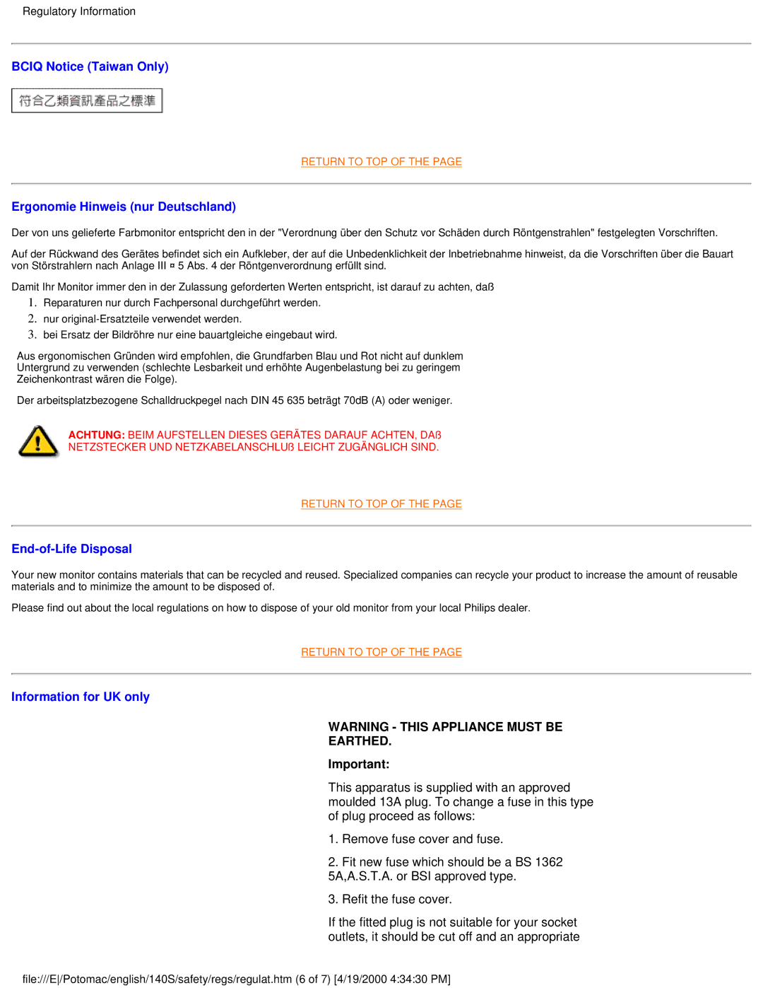 Philips 140S user manual Earthed 