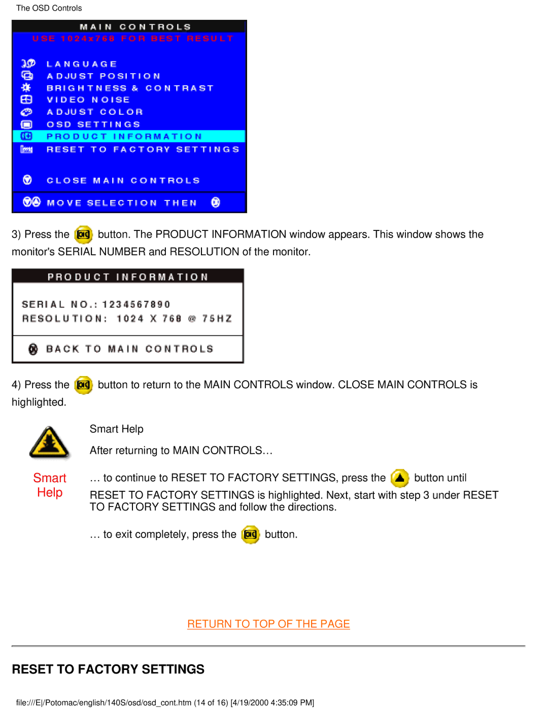 Philips 140S user manual Reset to Factory Settings 