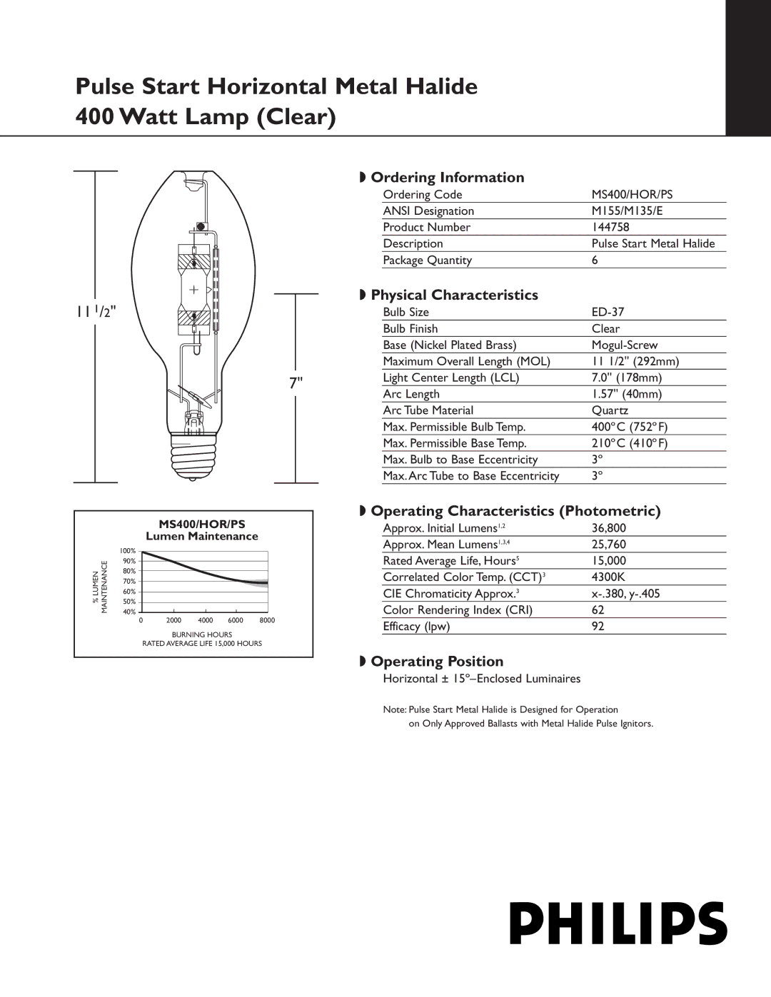 Philips 144758 manual Ordering Information, Physical Characteristics, Operating Characteristics Photometric 