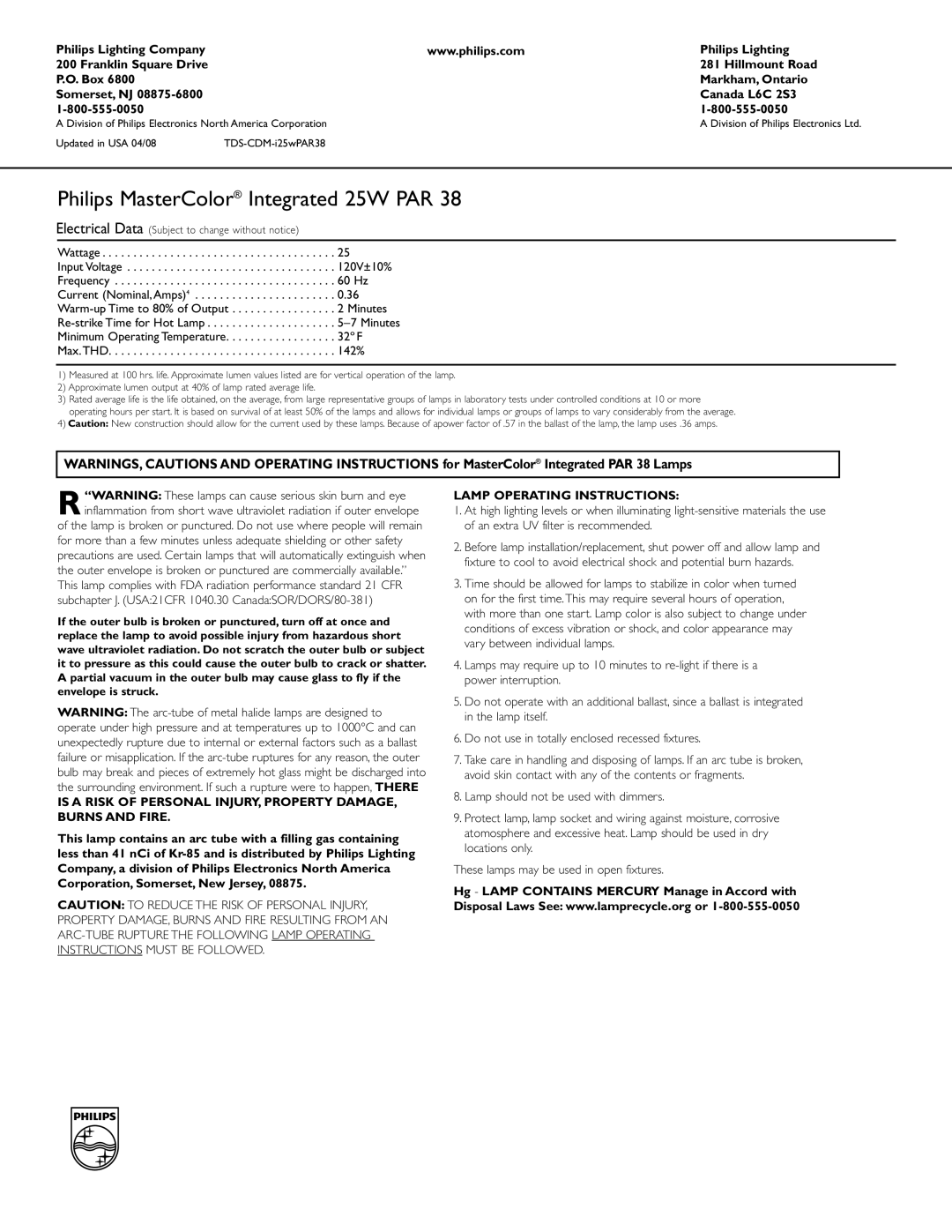 Philips 144774 manual Philips MasterColor Integrated 25W PAR, Lamp Operating Instructions 