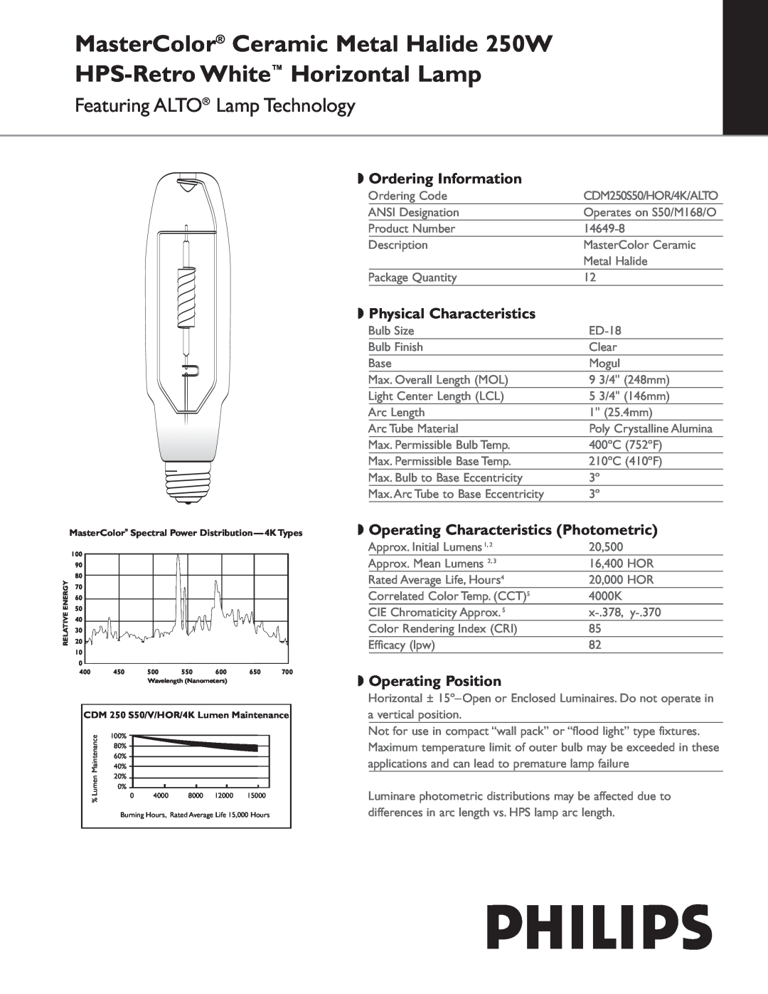 Philips 146498 manual Ordering Information, Physical Characteristics, Operating Characteristics Photometric 