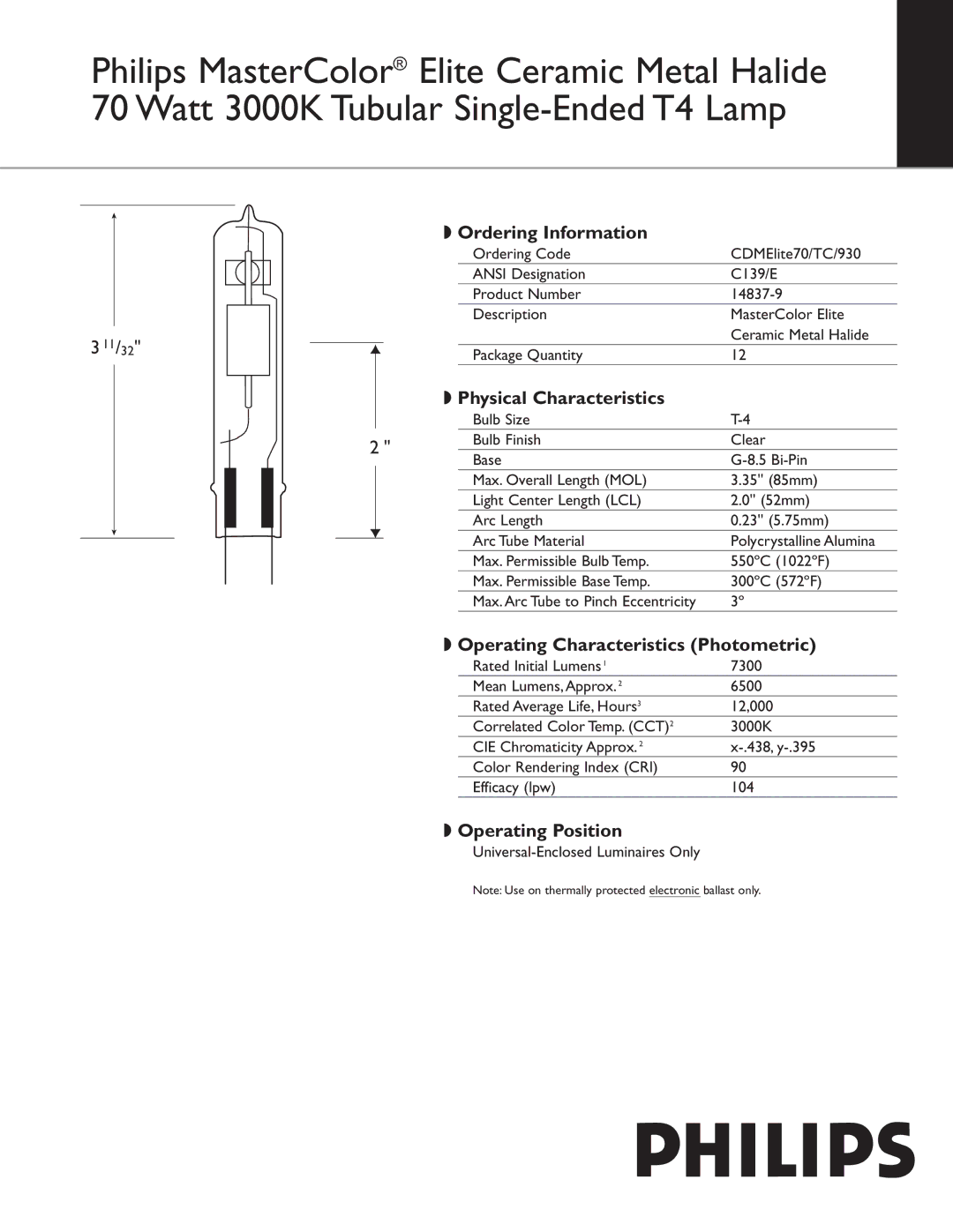 Philips 14837-9 manual Ordering Information, Physical Characteristics, Operating Characteristics Photometric 