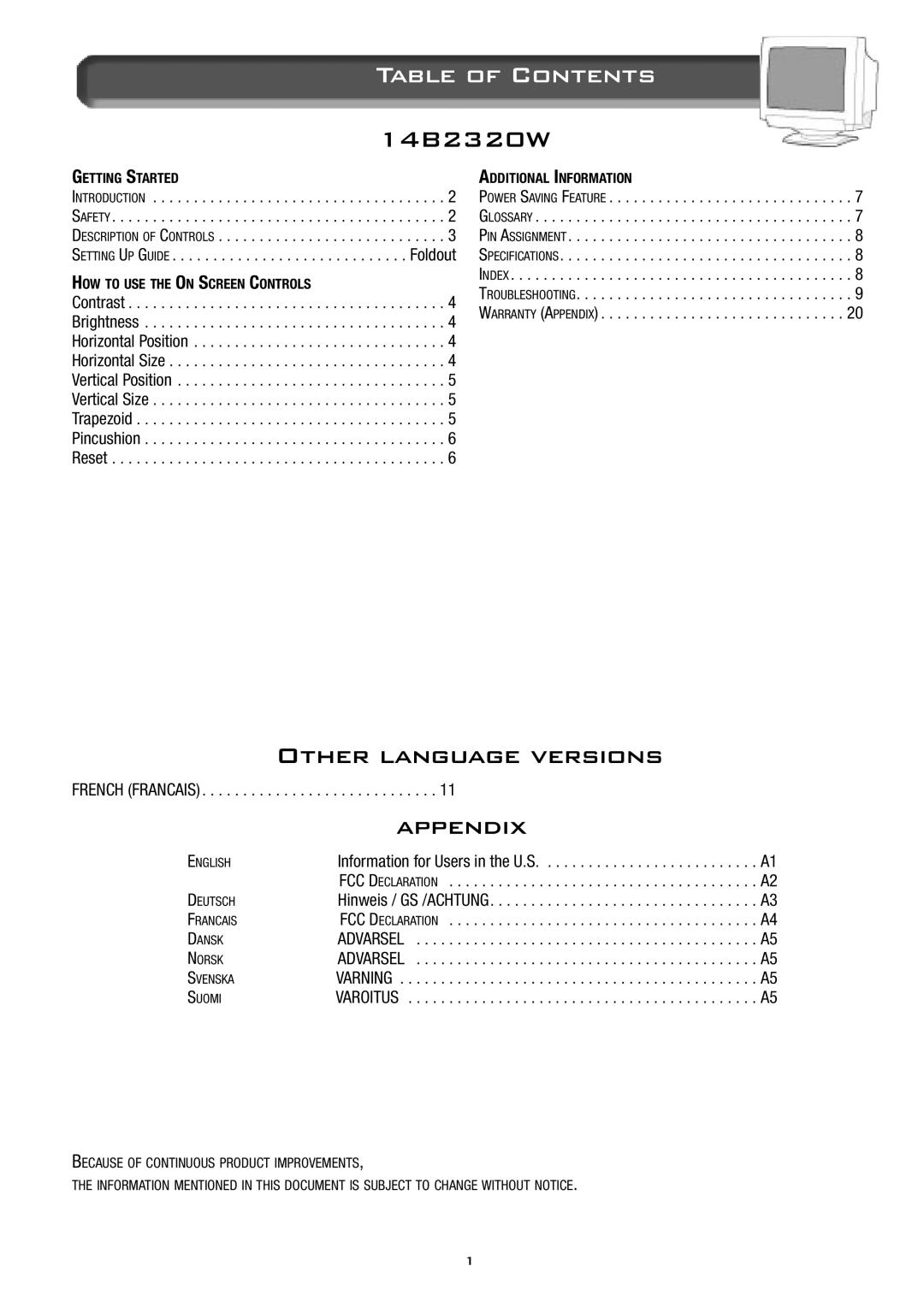 Philips 14B2320W manual Table of Contents 