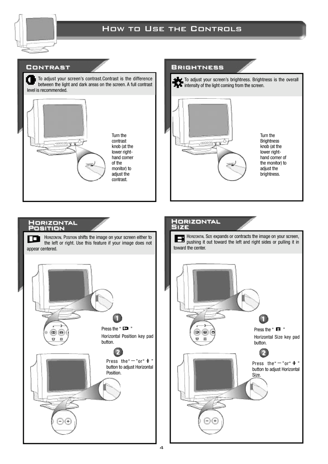 Philips 14B2320W manual How to Use the Controls, Contrast, Brightness, Horizontal Position, Horizontal Size 