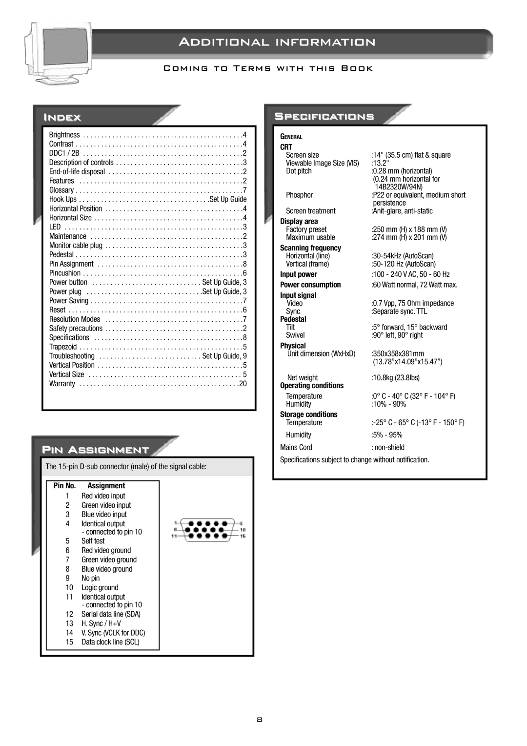 Philips 14B2320W manual Index, Pin Assignment, Specifications, Crt 