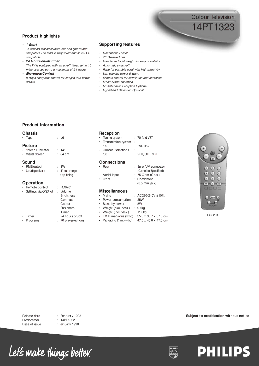 Philips 14PT1323 manual Product highlights, Supporting features 