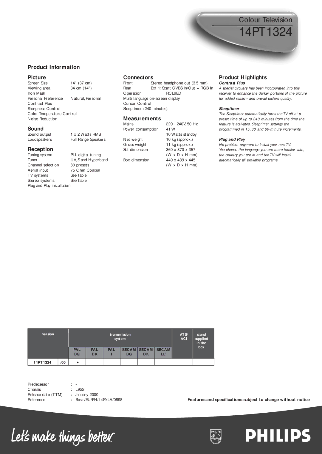 Philips 14PT1324 manual Product Information Picture Connectors Product Highlights 