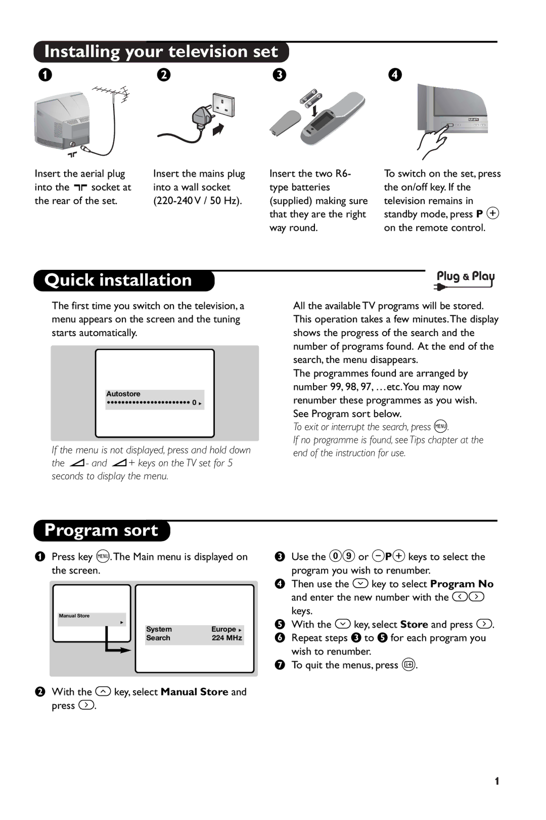 Philips 14PT1346/05 manual Installing your television set, Quick installation, Program sort 