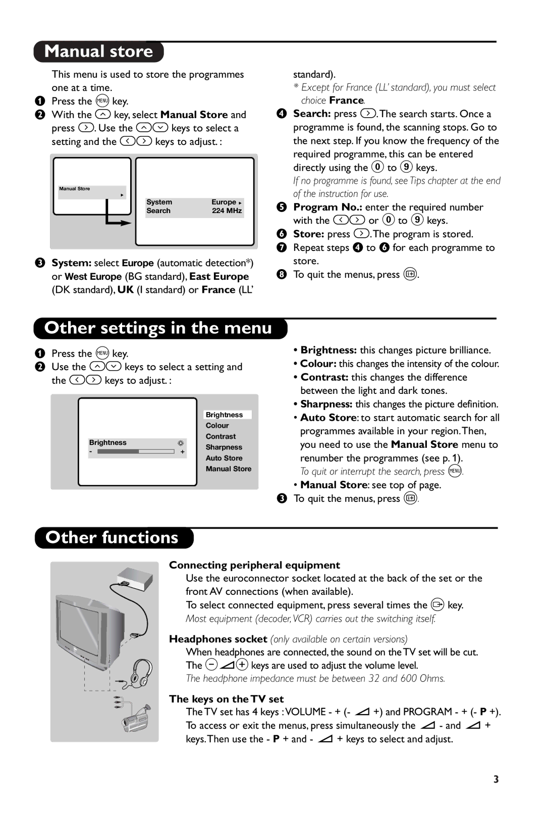 Philips 14PT1346/05 manual Manual store, Other settings in the menu, Other functions, Connecting peripheral equipment 