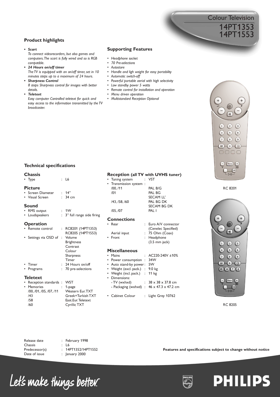 Philips 14PT1353 manual Technical specifications Chassis, Picture, Sound, Connections Operation, Miscellaneous, Teletext 