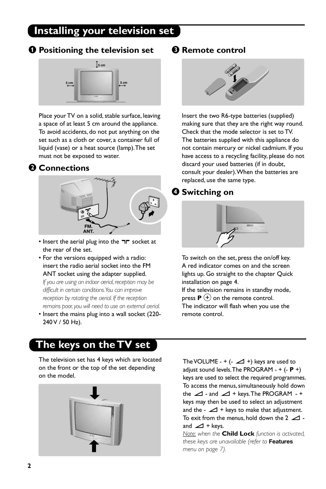 Philips 14PT1686/01P Installing your television set, Keys on the TV set, Positioning the television set Remote control 