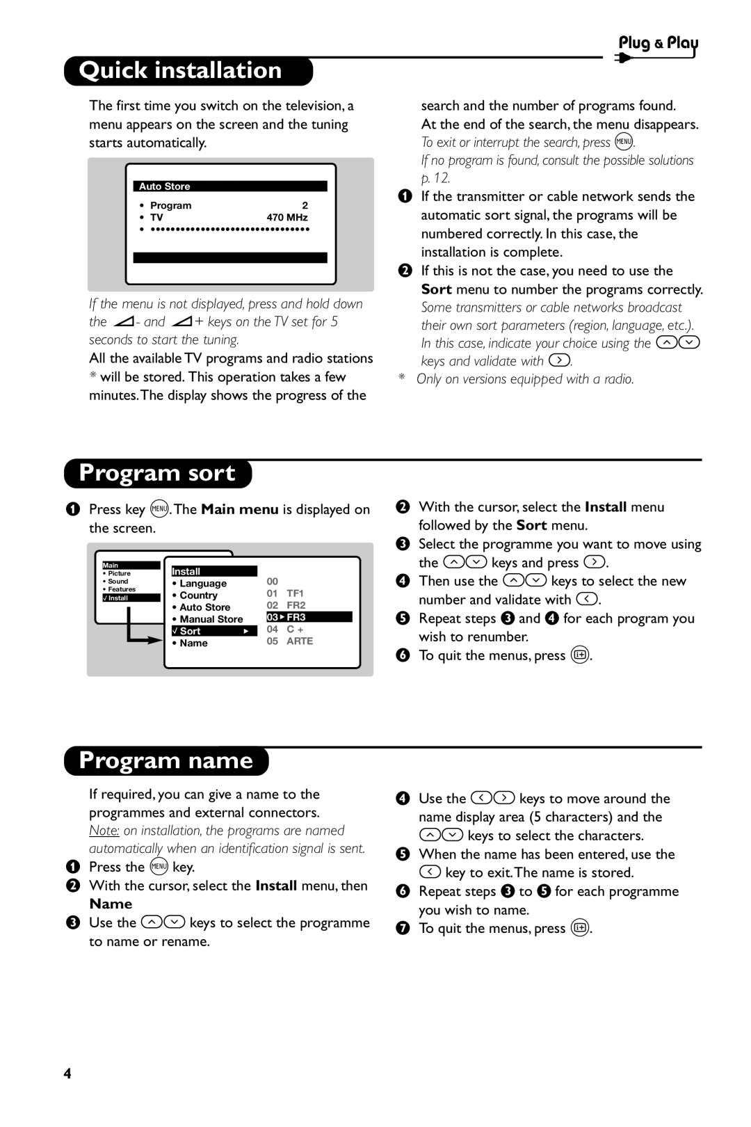 Philips 14PT1686/01P manual Quick installation, Program sort, Program name, Name 