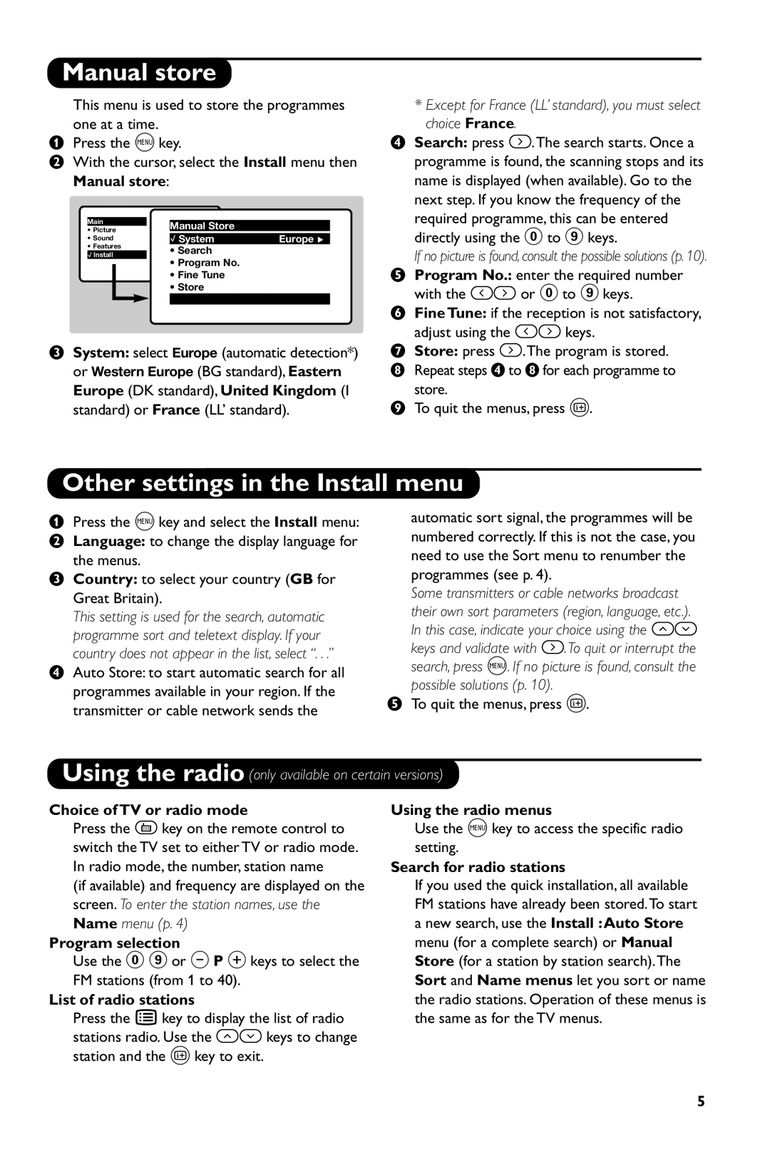 Philips 14PT1686/01P manual Manual store, Other settings in the Install menu 