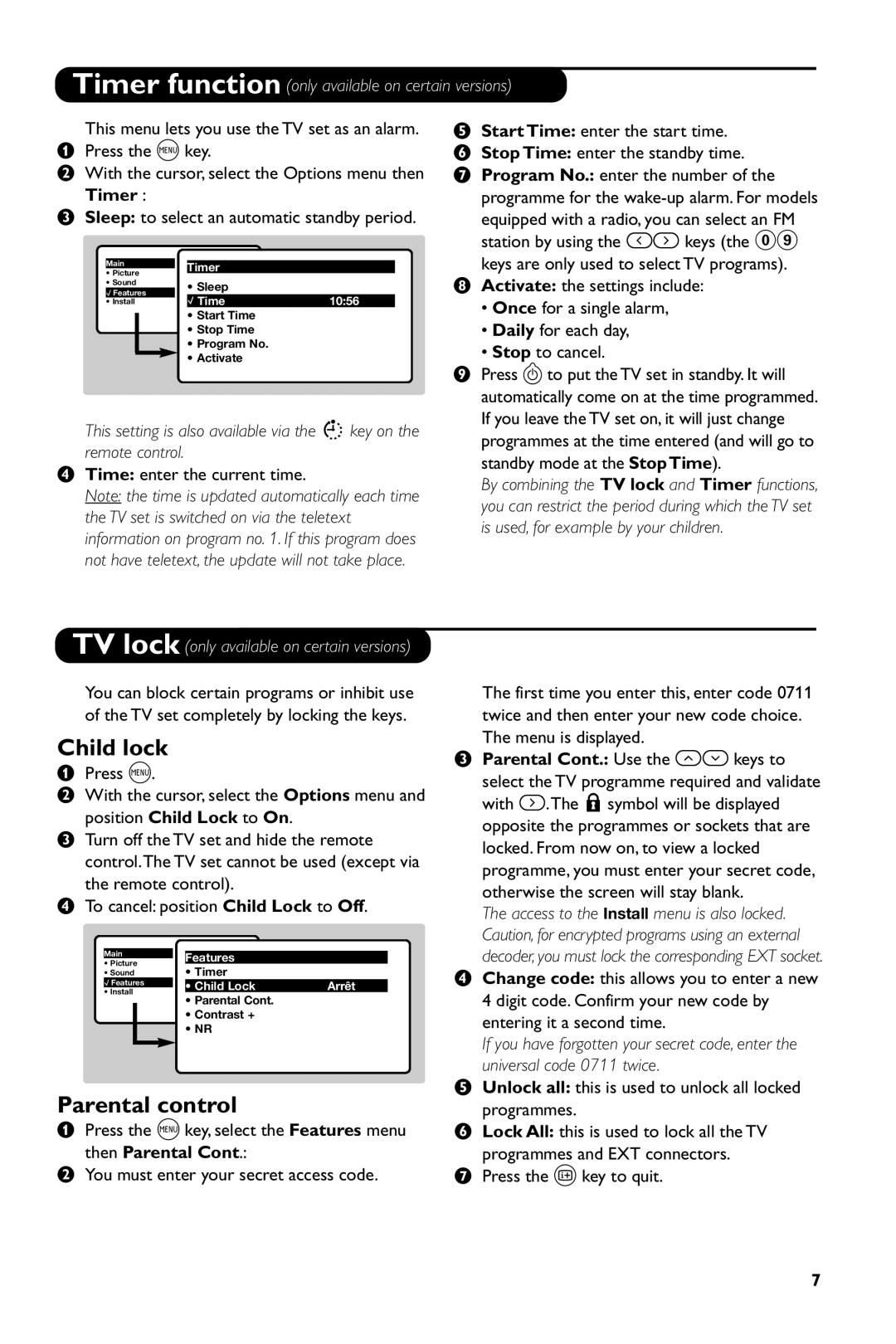 Philips 14PT1686/01P manual Child lock, Parental control, Timer, Parental Cont. Use the îÏkeys to, Then Parental 