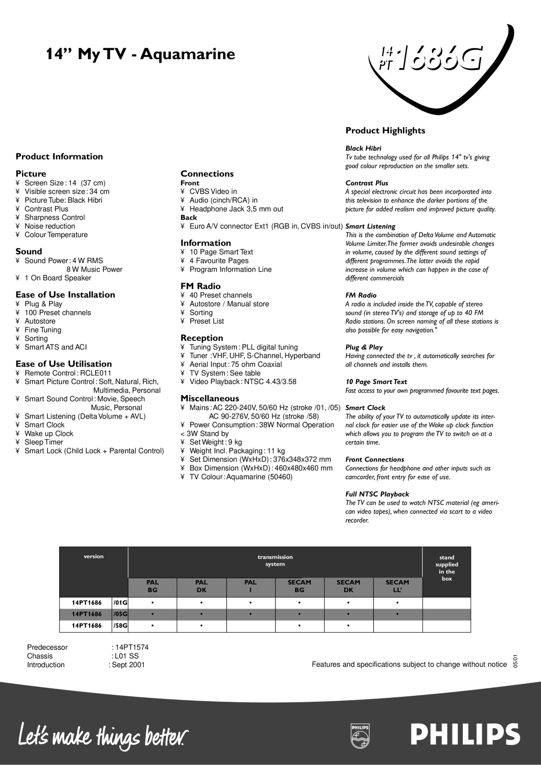 Philips 14PT1686G Product Highlights Product Information, Picture, Sound, Connections, Ease of Use Installation FM Radio 