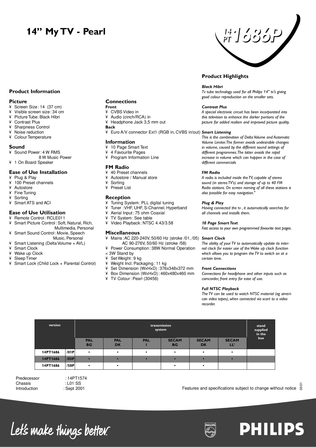 Philips 14PT1686P Product Highlights Product Information, Picture, Sound, Connections, Ease of Use Installation FM Radio 