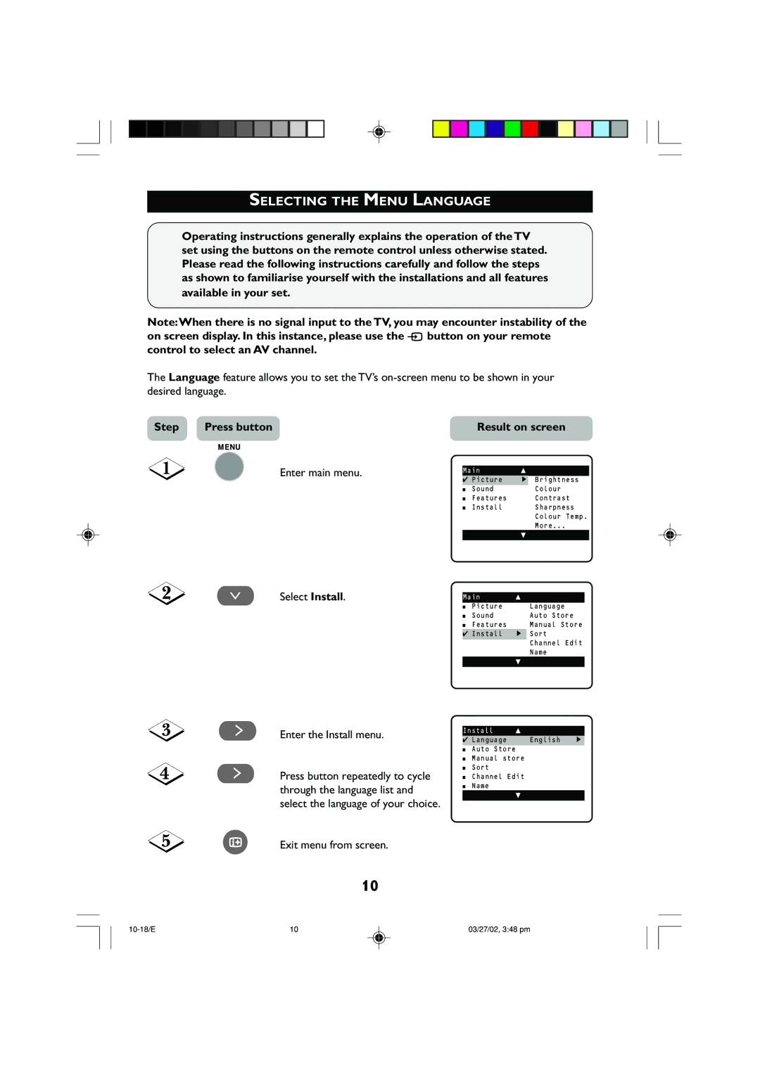 Philips 14PT2001 operating instructions Selecting the Menu Language, Step Press button 