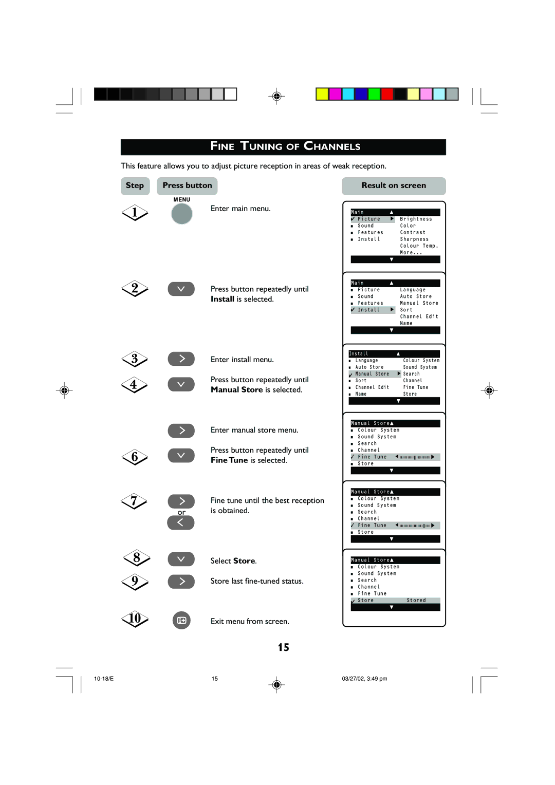 Philips 14PT2001 operating instructions Fine Tuning of Channels, Enter manual store menu 