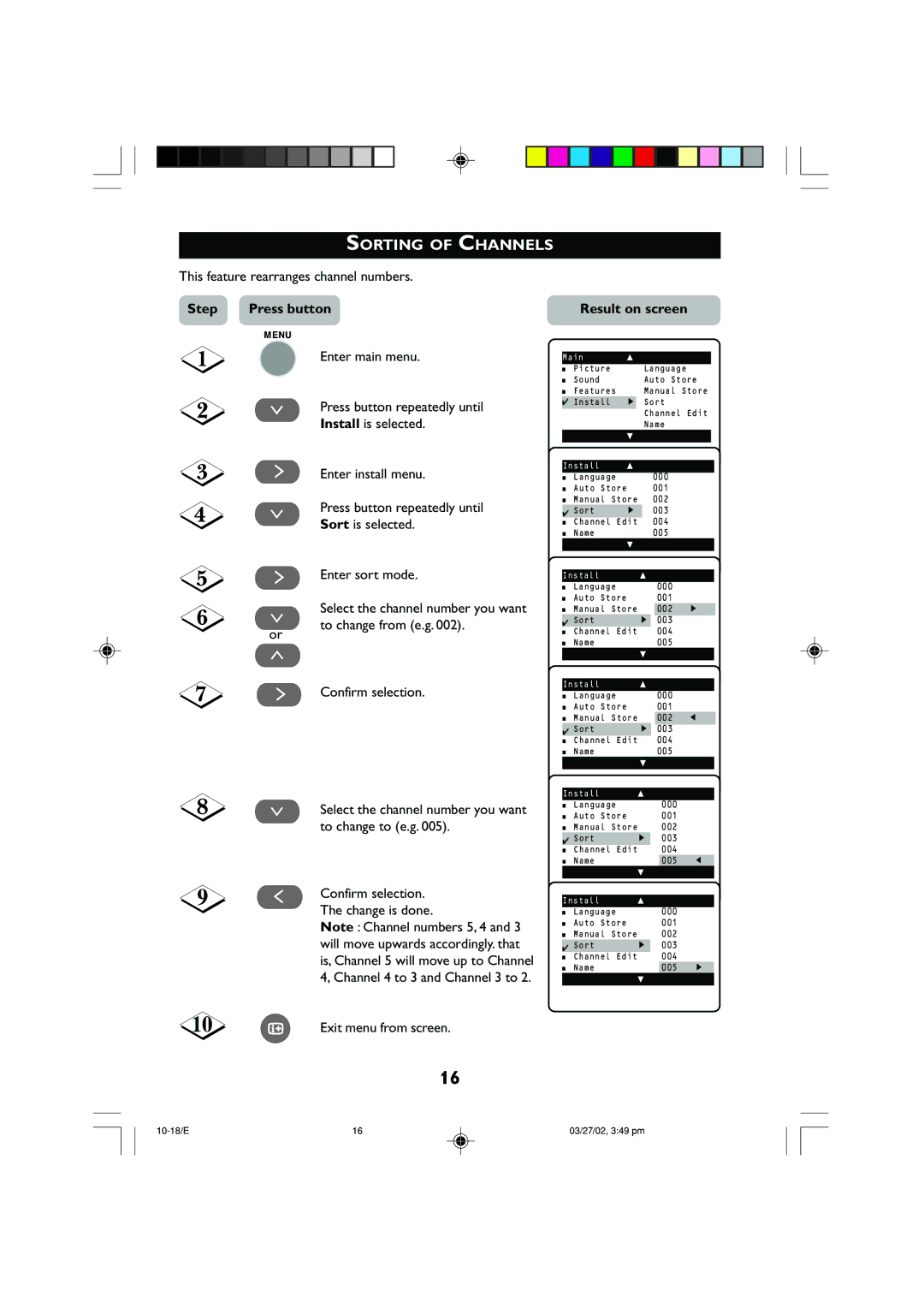 Philips 14PT2001 Sorting of Channels, This feature rearranges channel numbers, Select the channel number you want 