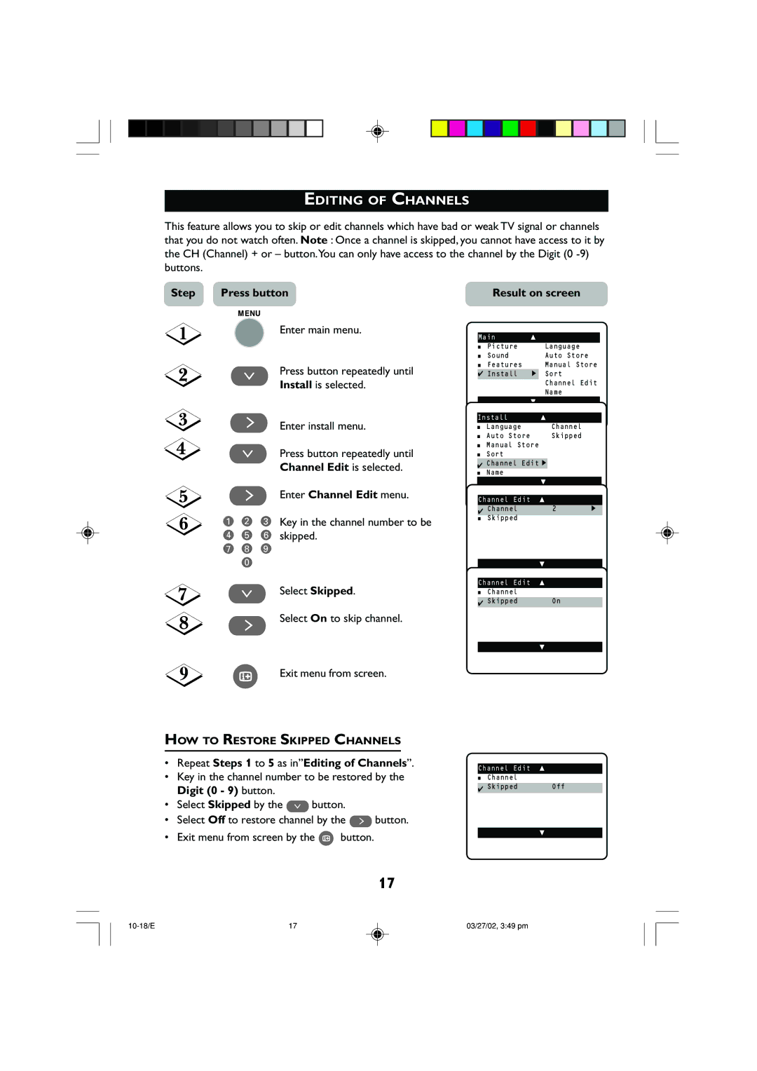 Philips 14PT2001 operating instructions Editing of Channels, Channel Edit is selected, Enter Channel Edit menu 