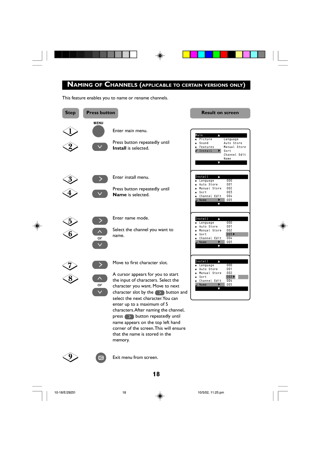 Philips 14PT2001 This feature enables you to name or rename channels, Press ˙ button repeatedly until, Memory 