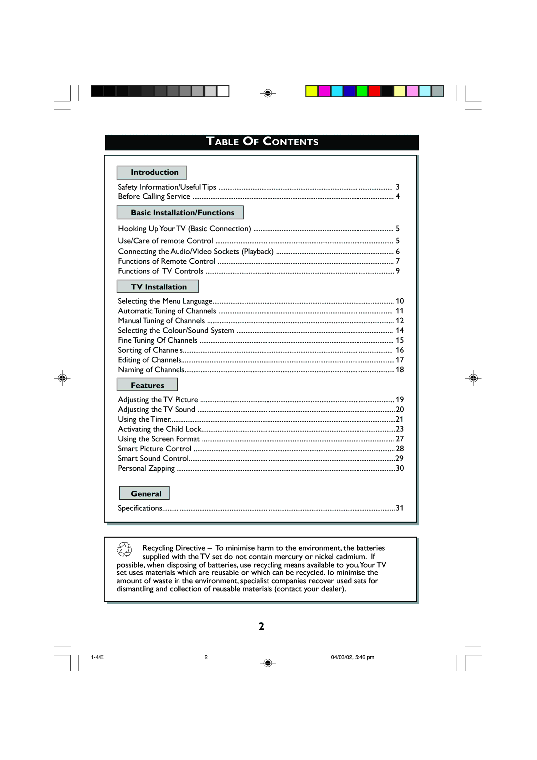 Philips 14PT2001 operating instructions Table of Contents 