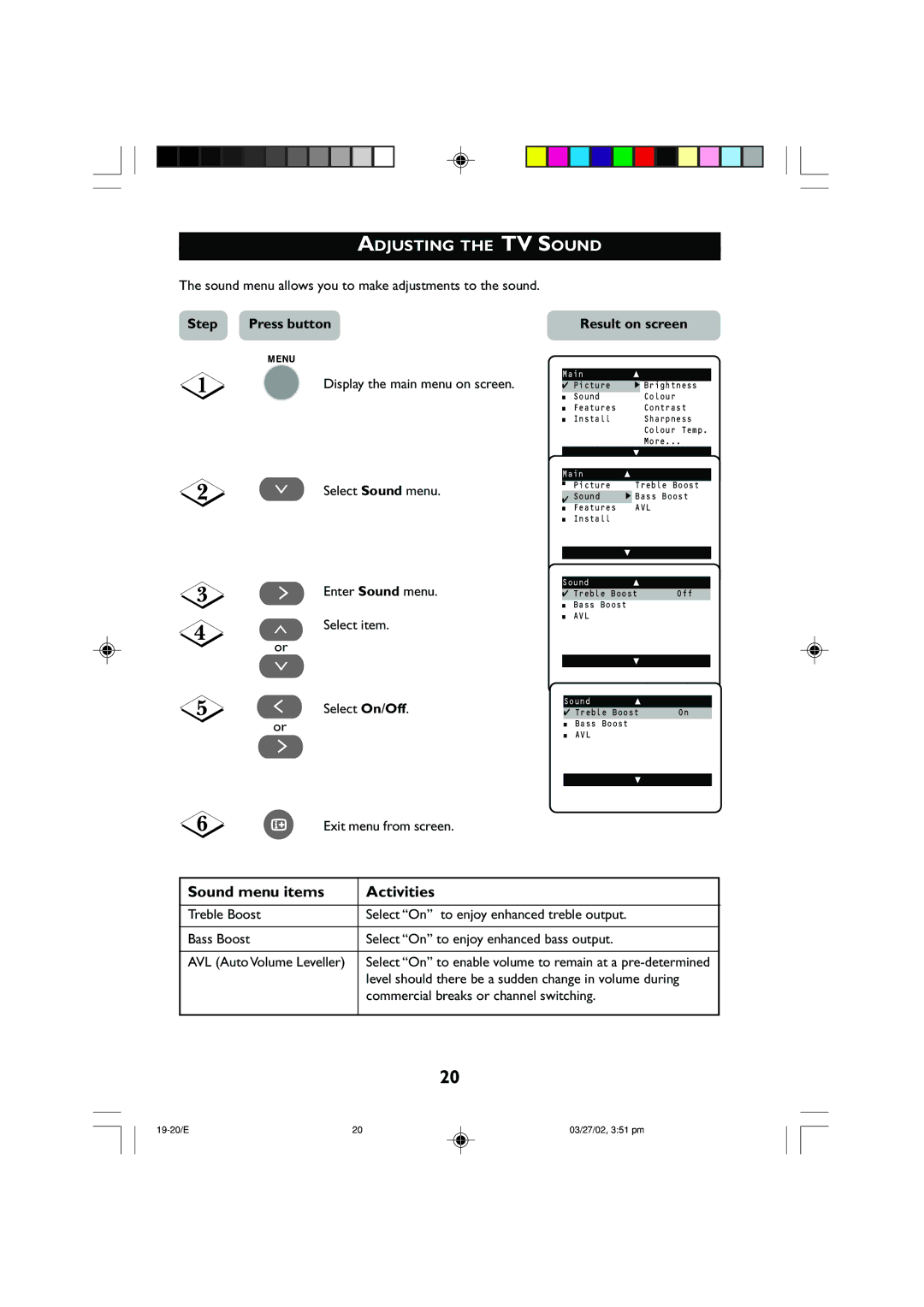 Philips 14PT2001 operating instructions Adjusting the TV Sound, Sound menu items Activities 