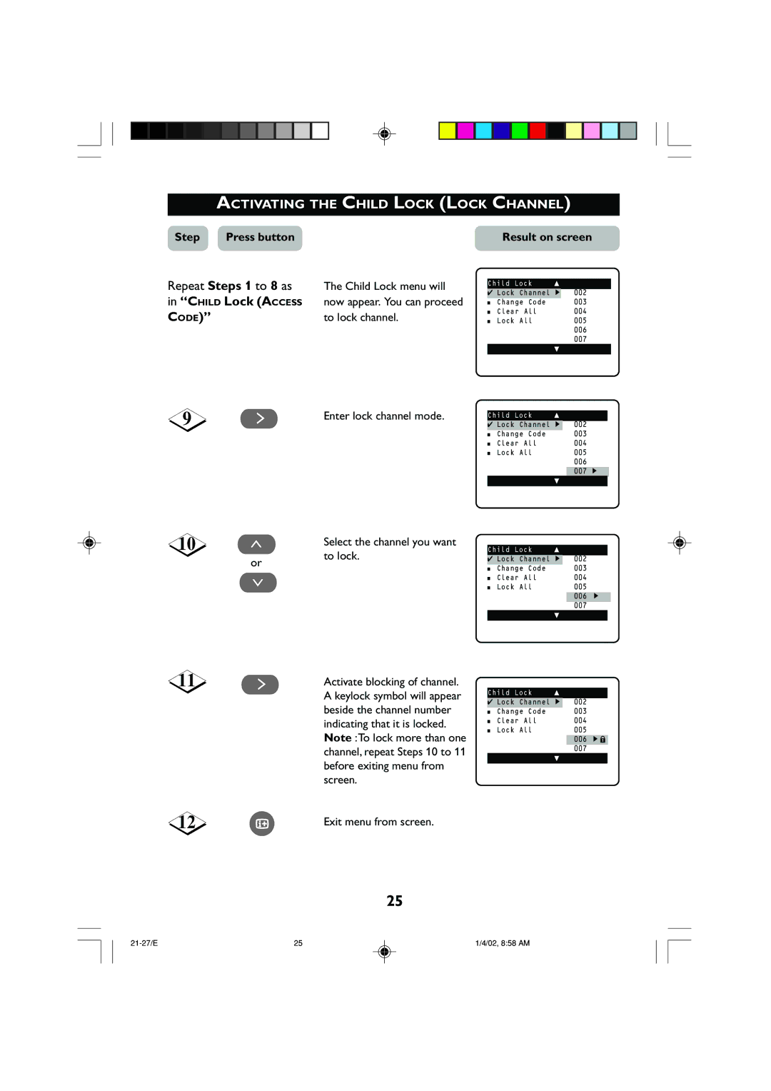 Philips 14PT2001 Activating the Child Lock Lock Channel, Repeat Steps 1 to 8 as, Child Lock menu will, To lock channel 