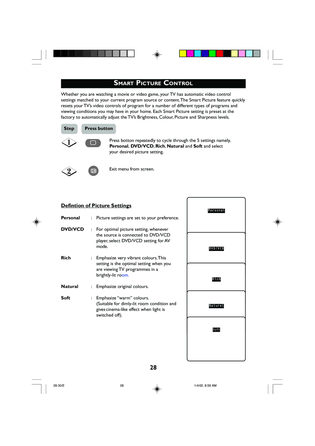 Philips 14PT2001 operating instructions Smart Picture Control, Defintion of Picture Settings 