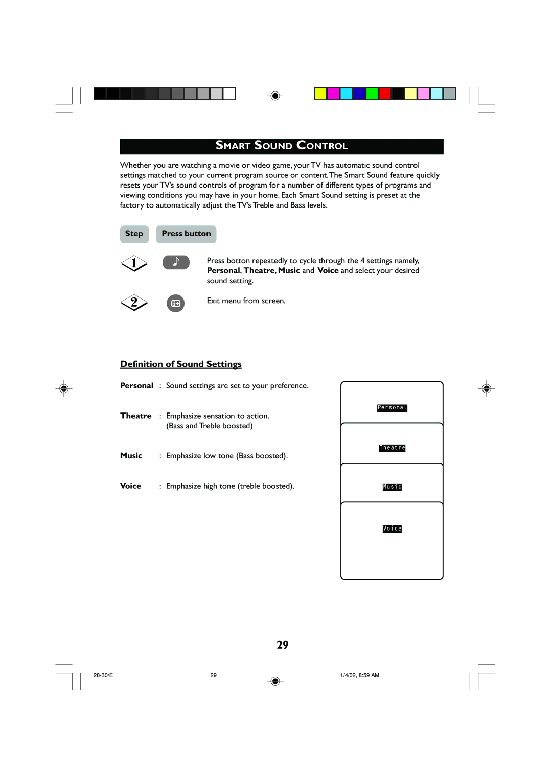 Philips 14PT2001 Smart Sound Control, Definition of Sound Settings, Personal Sound settings are set to your preference 