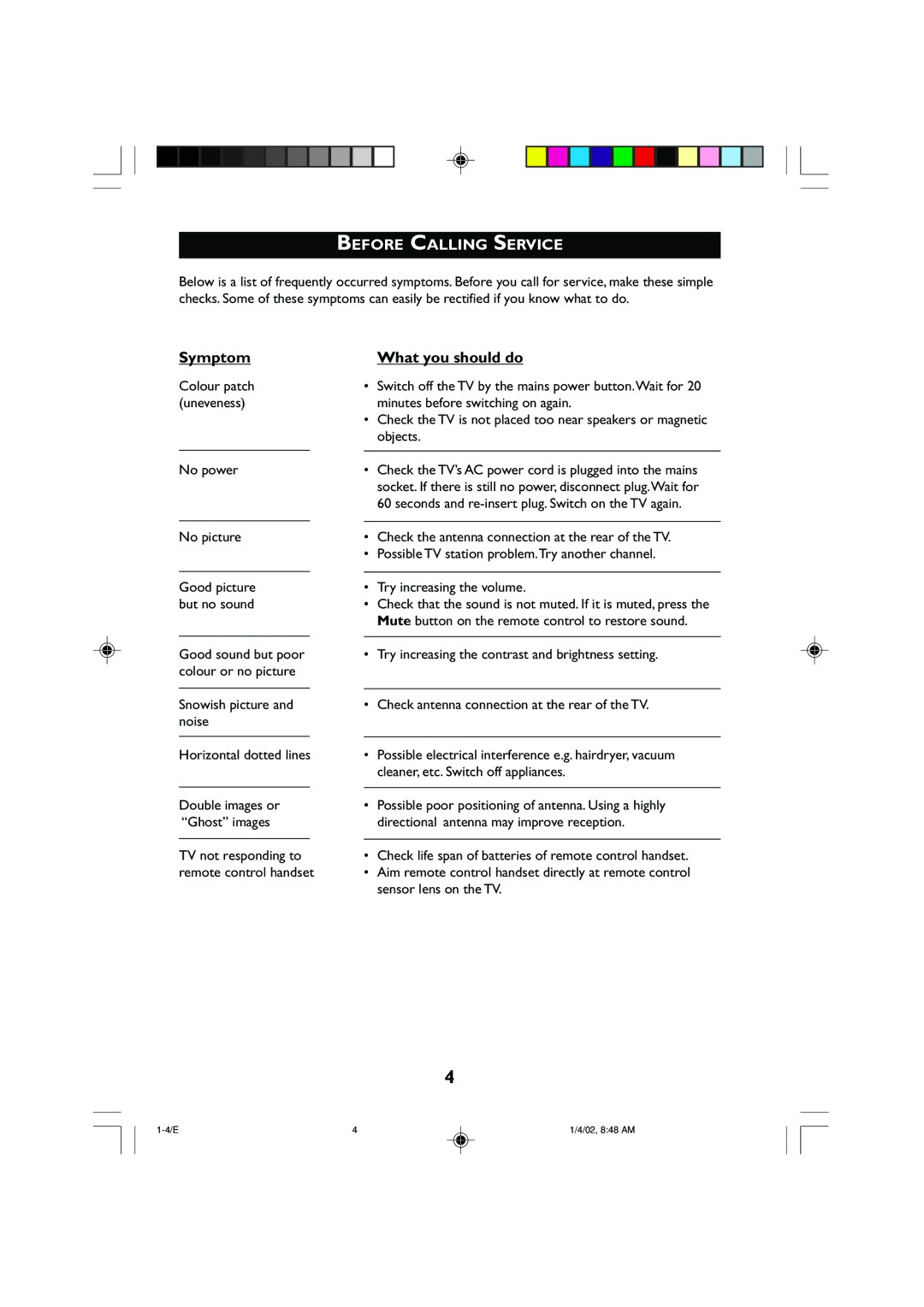 Philips 14PT2001 operating instructions Before Calling Service, Symptom What you should do, Objects, No power 