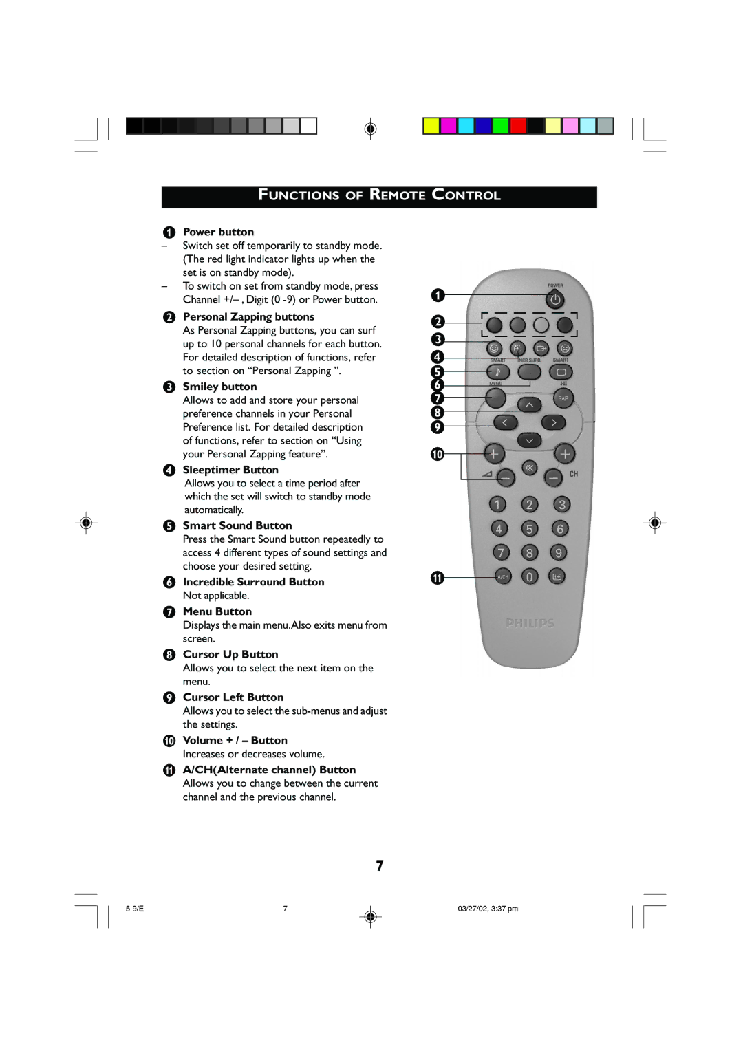 Philips 14PT2001 operating instructions Functions of Remote Control 