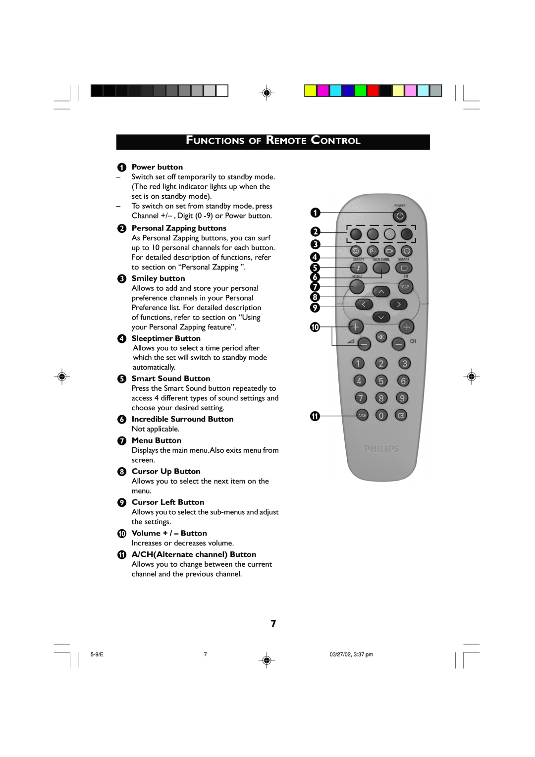 Philips 14PT2001 Functions Of Remote Control, Power button, é Personal Zapping buttons, “ Smiley button, Cursor Up Button 