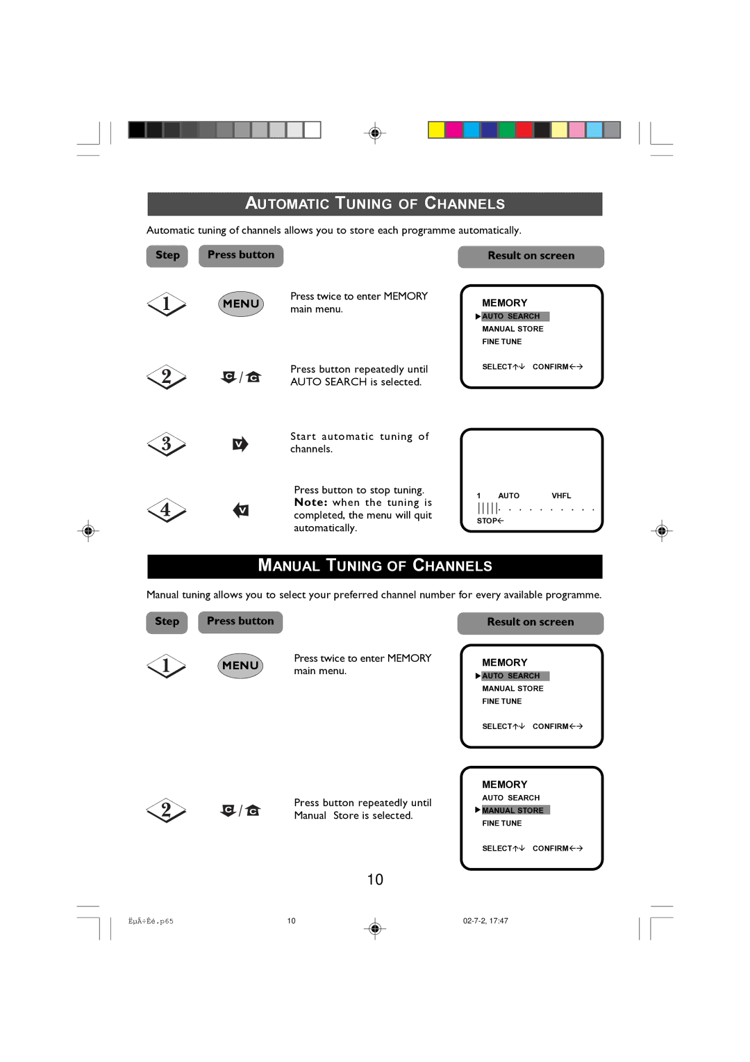 Philips 14PT2010, 21PT2010 manual Automatic Tuning of Channels, Manual Tuning of Channels 