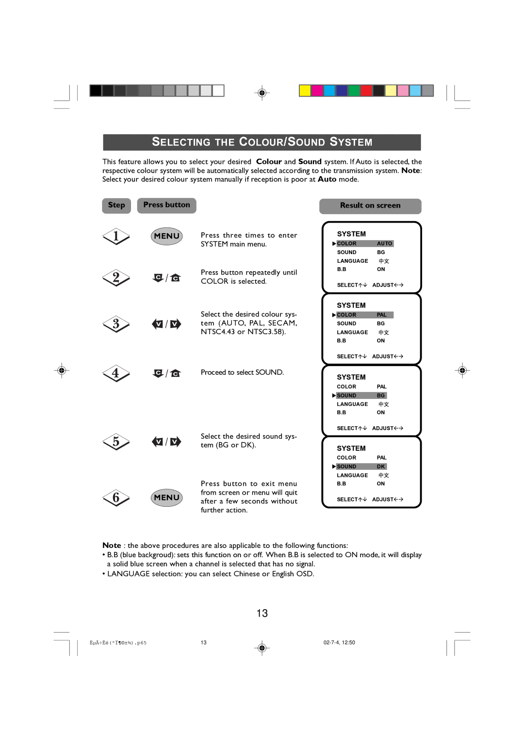 Philips 21PT2010, 14PT2010 manual Selecting the COLOUR/SOUND System 