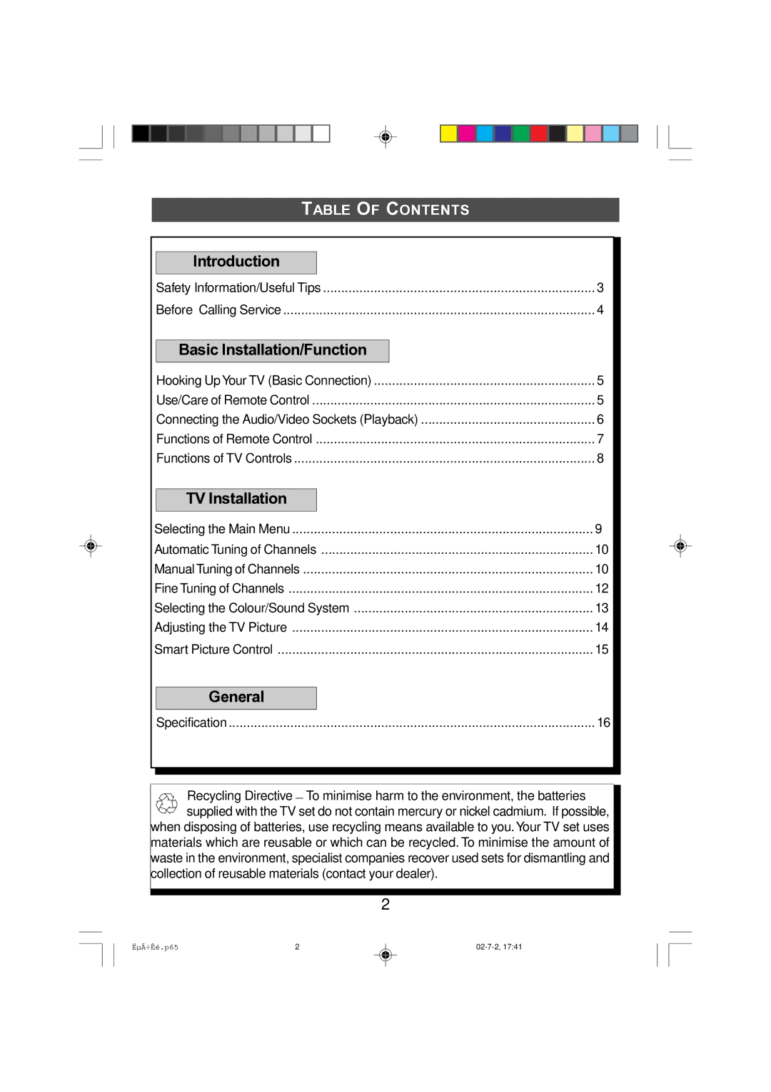 Philips 14PT2010, 21PT2010 manual Basic Installation/Function, Table of Contents 