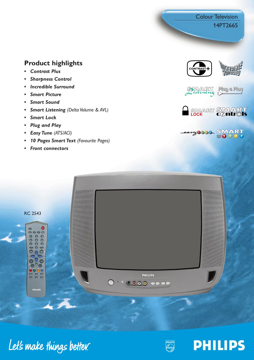 Philips manual Product highlights, Colour Television 14PT2665, Smart Sound, Smart Listening Delta Volume & AVL, Lock 