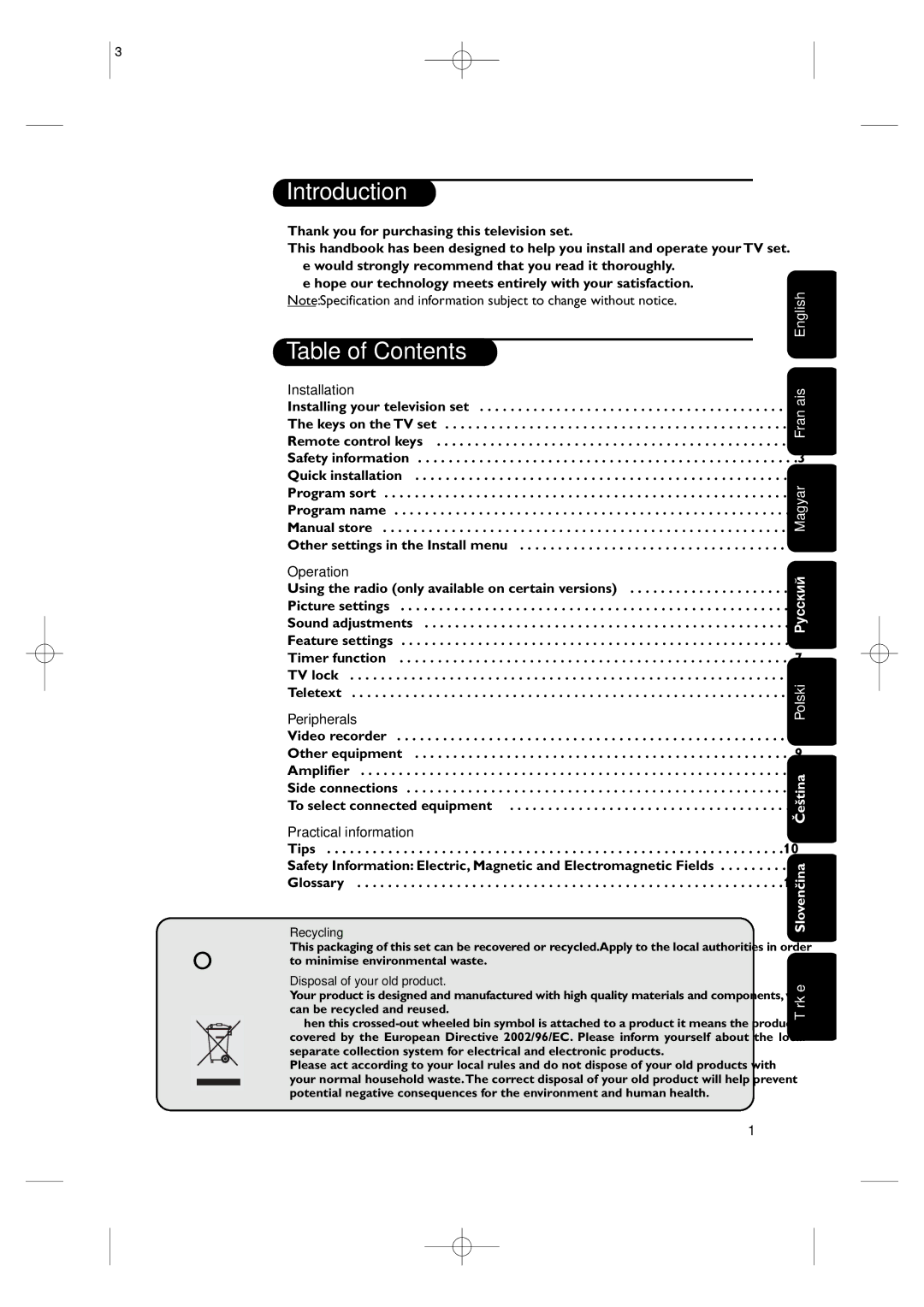 Philips 14PT2666/58 manual Introduction, Table of Contents 