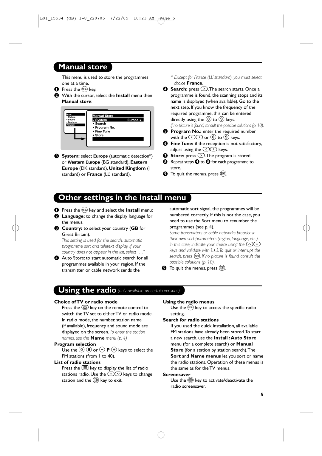 Philips 14PT2666/58 manual Manual store, Other settings in the Install menu 