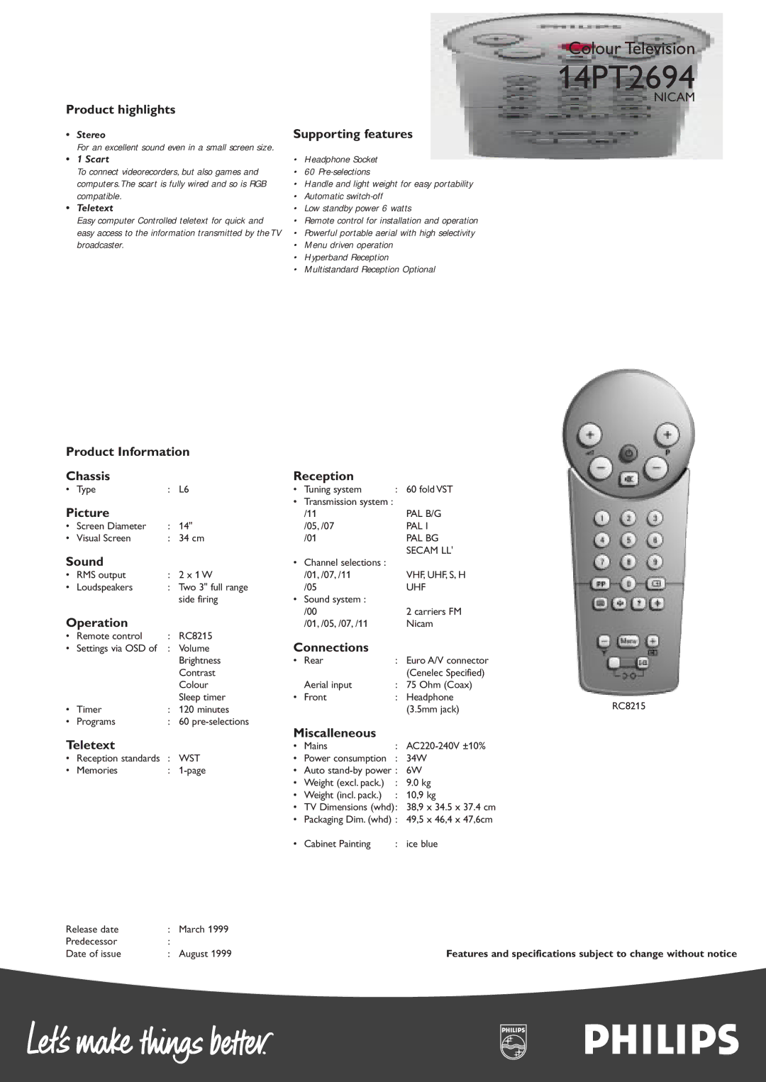 Philips 14PT2694 Product highlights, Product Information Chassis, Picture, Sound, Operation, Teletext, Supporting features 