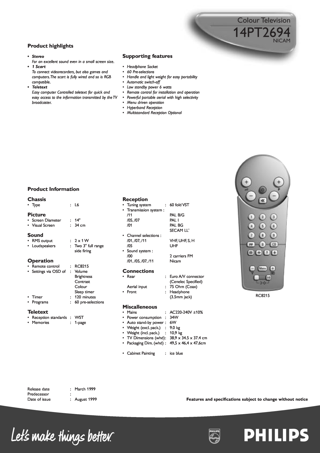 Philips 14PT2694 manual Colour Television, Product highlights 