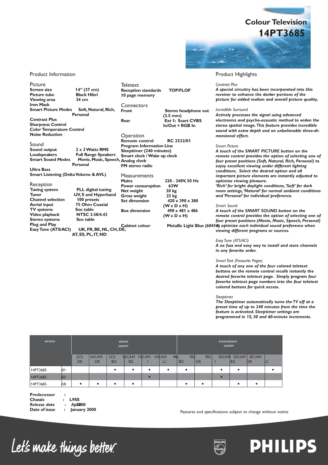 Philips 14PT3685 manual Product Information Picture, Sound, Reception, Teletext, Connectors, Operation, Measurements 