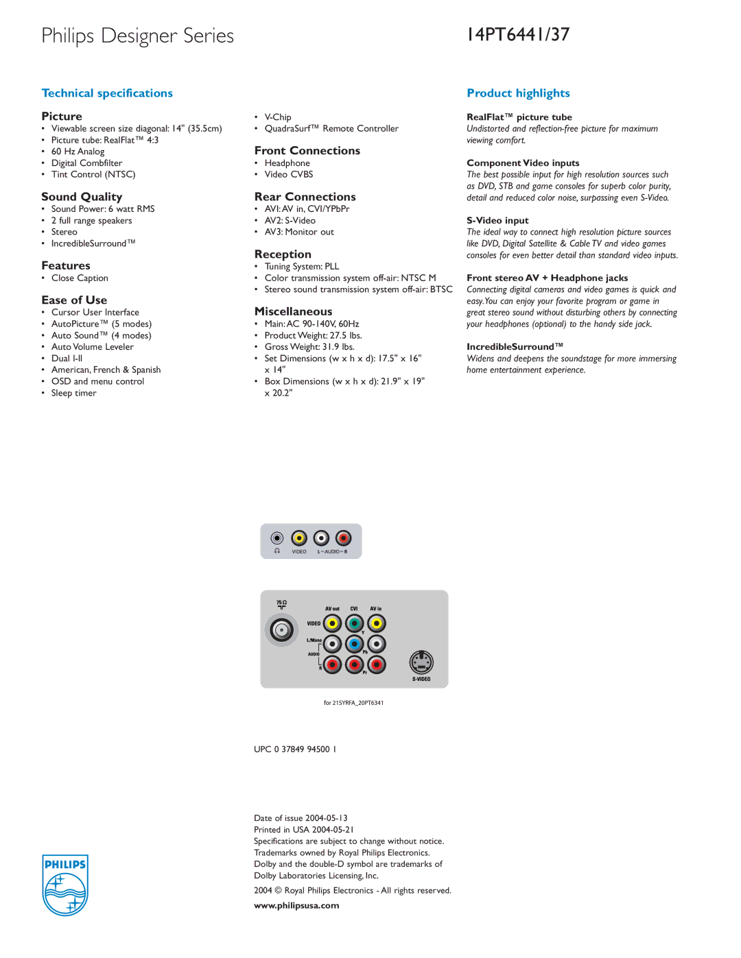 Philips 14PT6441, 14PT6437 Picture, Front Connections, Sound Quality Rear Connections, Reception, Features, Ease of Use 