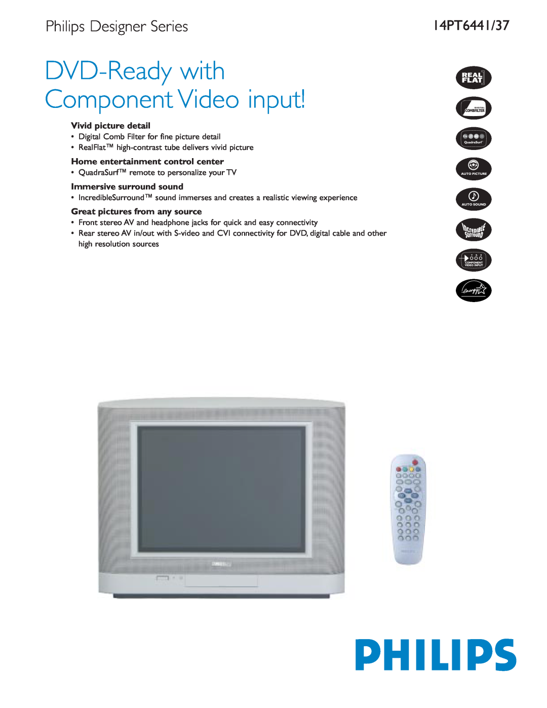 Philips 14PT6437 manual Vivid picture detail, Home entertainment control center, Immersive surround sound, 14PT6441/37 