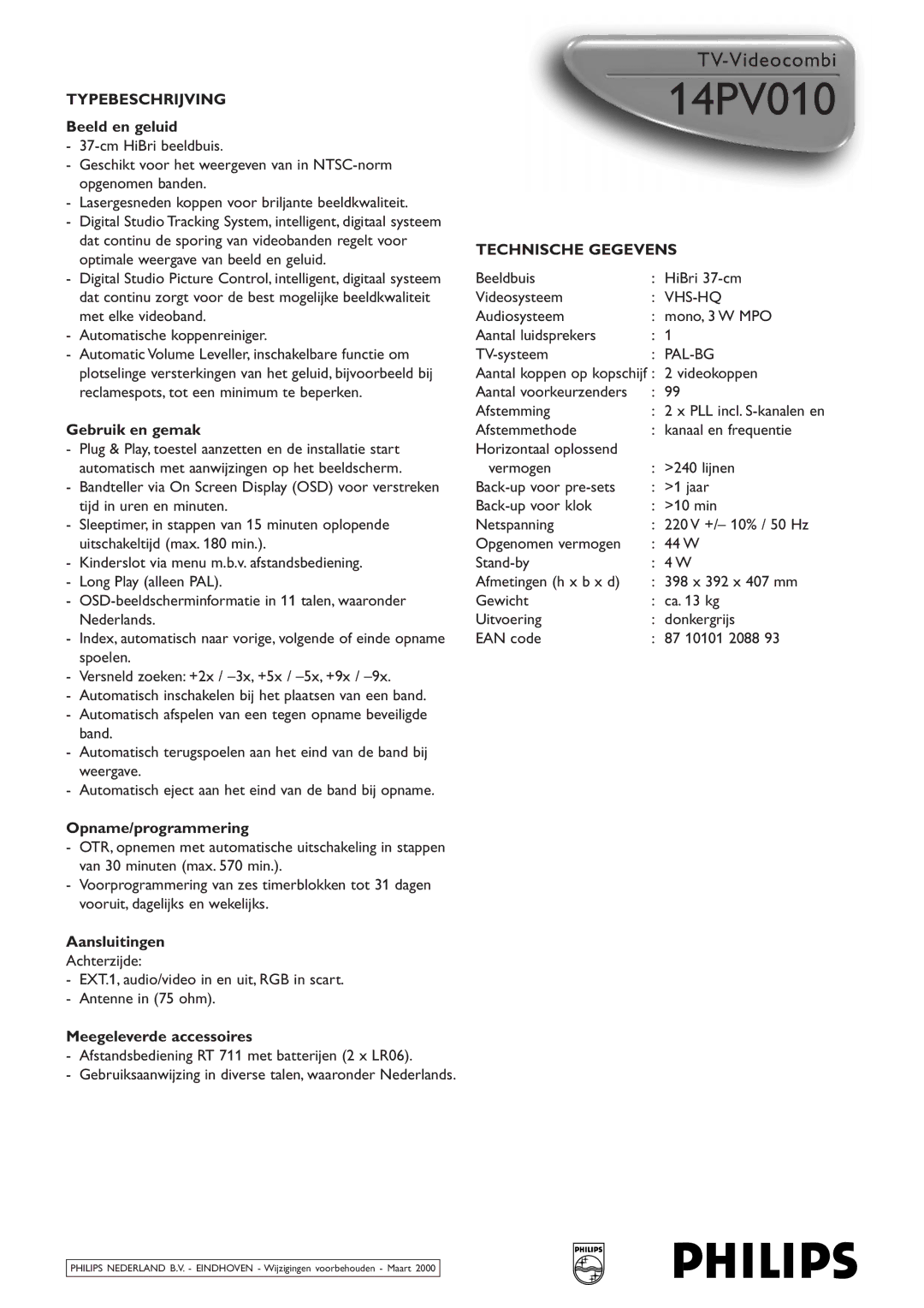 Philips 14PV010 manual Typebeschrijving, Technische Gegevens 