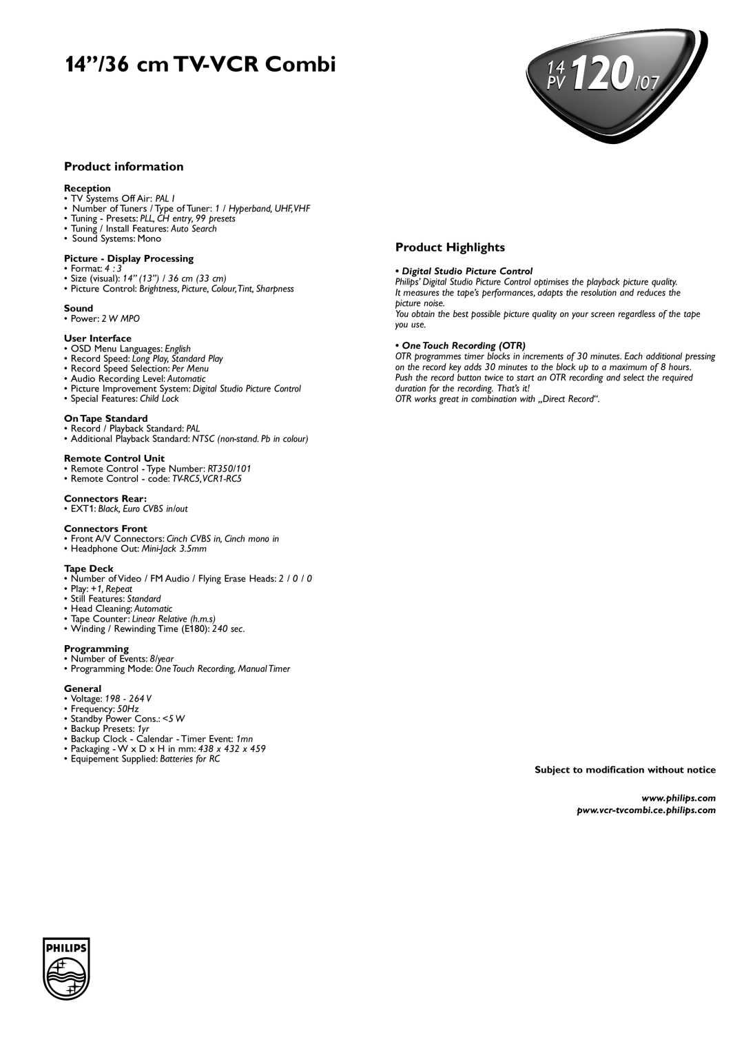 Philips 14PV120/07 manual Product information, Product Highlights, Digital Studio Picture Control, One Touch Recording OTR 