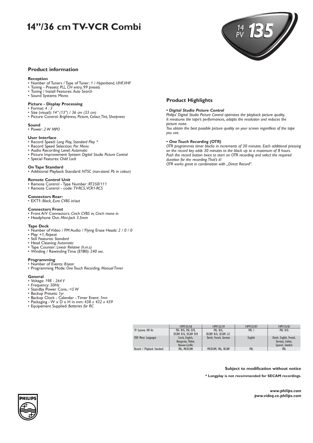 Philips 14PV107, 14PV158 Product information, Product Highlights, Digital Studio Picture Control, One Touch Recording OTR 