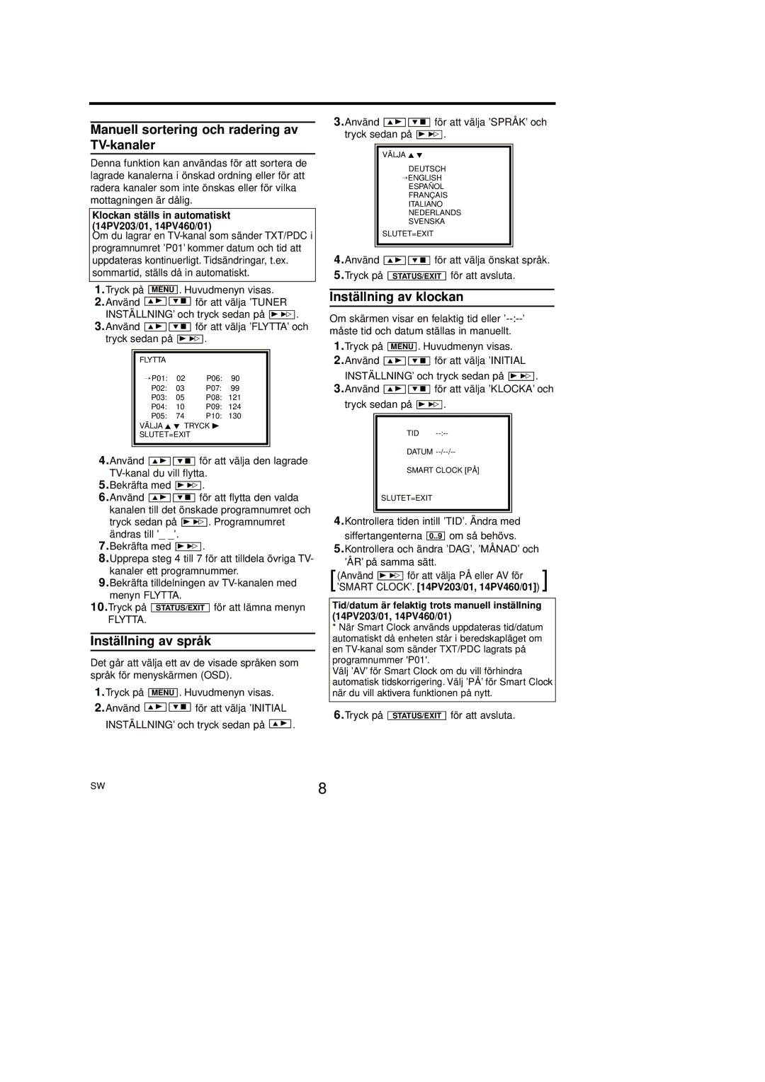 Philips 14PV111/01, 14PV203/01 Manuell sortering och radering av TV-kanaler, Inställning av språk, Inställning av klockan 